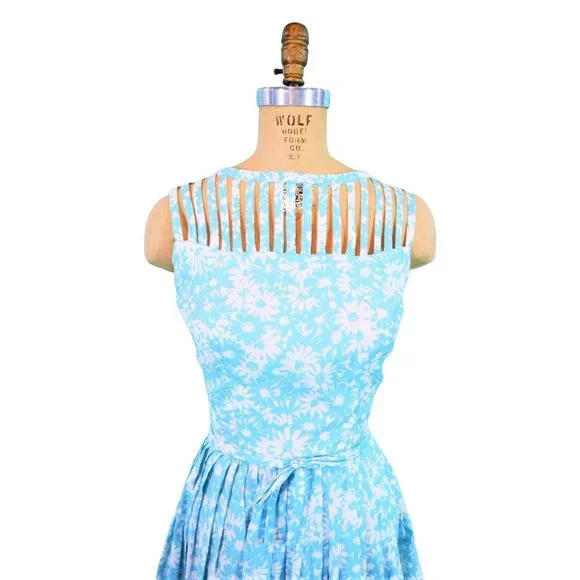 Vintage 1950s Sun Dress Caged Bodice Aqua Floral Sue BrettW 26